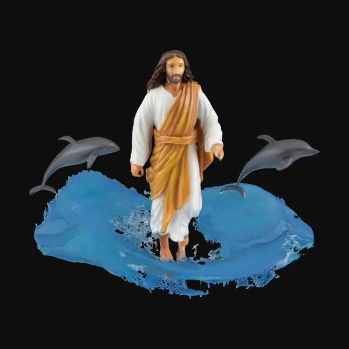 3D model for A diorama of Jesus walking on an ocean with dolphins swimming following jesus, #ocean#