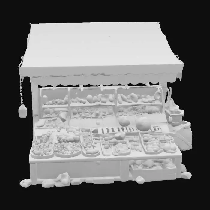 3D model for An open-air gemstone vendor market stall features a rustic wooden frame and a simple canvas canopy, perhaps striped or plain, stretched overhead. Various display trays, lined with dark velvet or rough burlap, hold an assortment of polished and raw gemstones. The gems gleam with vibrant colors like deep blues, emerald greens, fiery reds, and clear whites, exhibiting smooth, faceted surfaces or rough, crystalline textures. The wooden structure has a worn, slightly splintered texture, contrasting with the cool, smooth feel of the stones.