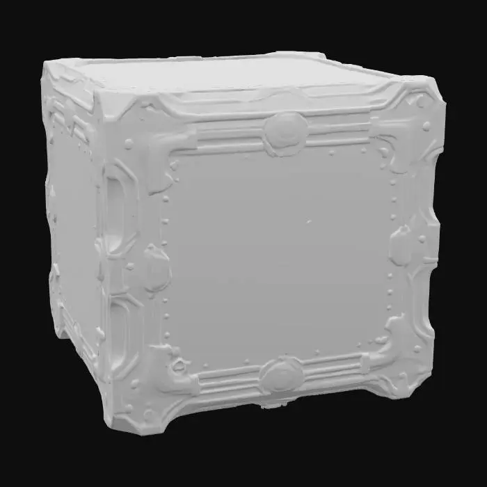 3D model for An intricate arrangement of surface sci fi details features overlapping, asymmetrical plating crafted from a distressed, dark grey alloy with areas of worn, brushed metal and matte, chipped paint. Scattered across the surface are tiny, recessed hexagonal vents, slender exposed conduits, and miniature, stubby antenna nubs. Small, circular access hatches with faint etched outlines provide subtle textural variation. Occasional patches of scorch marks and subtle paint discoloration suggest past wear, while sharp edges meet rounded corners, creating complex intersections of form and texture. Taking inspiration from Star Wars.