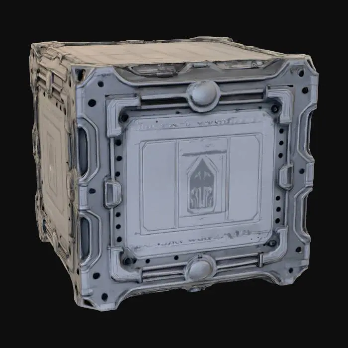 3D model for An intricate arrangement of surface sci fi details features overlapping, asymmetrical plating crafted from a distressed, dark grey alloy with areas of worn, brushed metal and matte, chipped paint. Scattered across the surface are tiny, recessed hexagonal vents, slender exposed conduits, and miniature, stubby antenna nubs. Small, circular access hatches with faint etched outlines provide subtle textural variation. Occasional patches of scorch marks and subtle paint discoloration suggest past wear, while sharp edges meet rounded corners, creating complex intersections of form and texture. Taking inspiration from Star Wars.