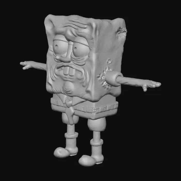 3D model for Create a grotesque, hyperrealistic 3D image of SpongeBob SquarePants inspired by horror reinterpretations of cartoon characters. 
He should have bulging eyes, mottled and wrinkled yellow skin resembling a decaying sponge, large protruding teeth, and an unsettling facial expression. 
His body should retain SpongeBob’s iconic square shape but be reimagined with realistic textures, folds, and blemishes. 
Include his classic white shirt, red tie, brown square pants, and black shoes, all aged, dirty, and slightly torn. 
The overall aesthetic should be disturbing, surreal, and cinematic, avoiding cartoonish elements and focusing on realism and eerie atmosphere.
