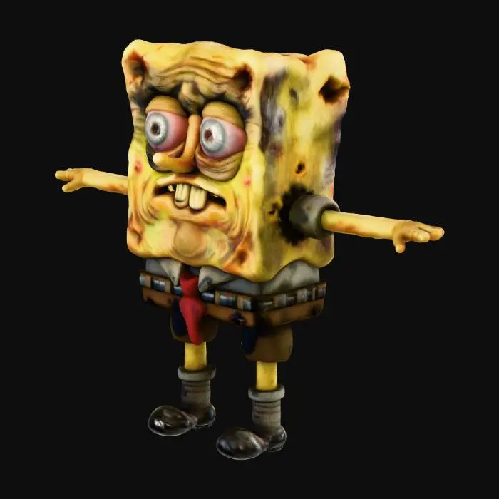3D model for Create a grotesque, hyperrealistic 3D image of SpongeBob SquarePants inspired by horror reinterpretations of cartoon characters. 
He should have bulging eyes, mottled and wrinkled yellow skin resembling a decaying sponge, large protruding teeth, and an unsettling facial expression. 
His body should retain SpongeBob’s iconic square shape but be reimagined with realistic textures, folds, and blemishes. 
Include his classic white shirt, red tie, brown square pants, and black shoes, all aged, dirty, and slightly torn. 
The overall aesthetic should be disturbing, surreal, and cinematic, avoiding cartoonish elements and focusing on realism and eerie atmosphere.