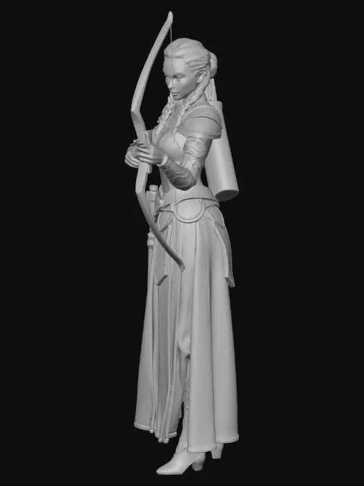 3D model for A full body fantasy valkyrie archer, standing upright, holding a bow close to the body, wearing a long flowing skirt, elegant norse inspired armor, heroic calm pose, clean silhouette, realistic proportions, medium detail level, skirt designed as solid continuous surfaces, no thin hanging parts, no floating elements, no extreme overhangs, arms close to torso, bow slightly angled but compact, hair tied or partially braided to avoid thin strands, neutral facial expression, highly printable resin figure, optimized for 13 cm tall miniature, single solid watertight mesh, no base included, studio lighting, neutral background