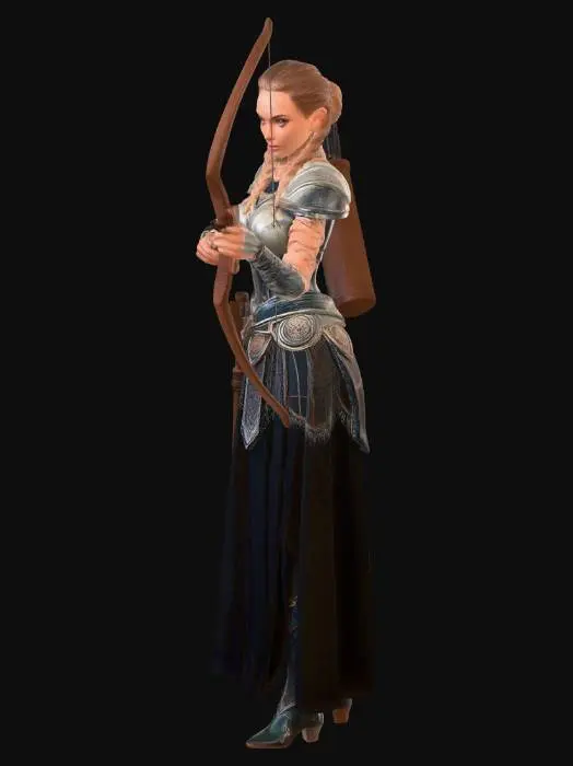 3D model for A full body fantasy valkyrie archer, standing upright, holding a bow close to the body, wearing a long flowing skirt, elegant norse inspired armor, heroic calm pose, clean silhouette, realistic proportions, medium detail level, skirt designed as solid continuous surfaces, no thin hanging parts, no floating elements, no extreme overhangs, arms close to torso, bow slightly angled but compact, hair tied or partially braided to avoid thin strands, neutral facial expression, highly printable resin figure, optimized for 13 cm tall miniature, single solid watertight mesh, no base included, studio lighting, neutral background