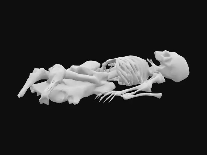 3D model for Guard’s skeleton lying on floor with rusty pistol nearby high detail