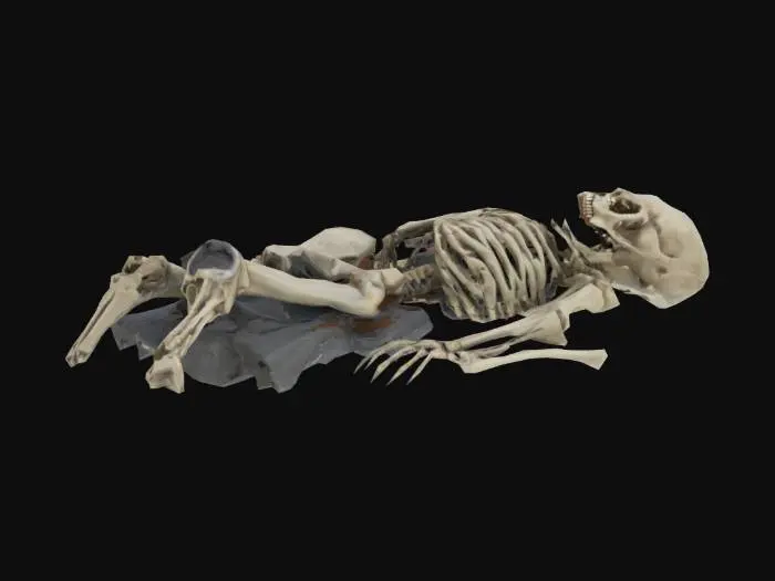 3D model for Guard’s skeleton lying on floor with rusty pistol nearby high detail