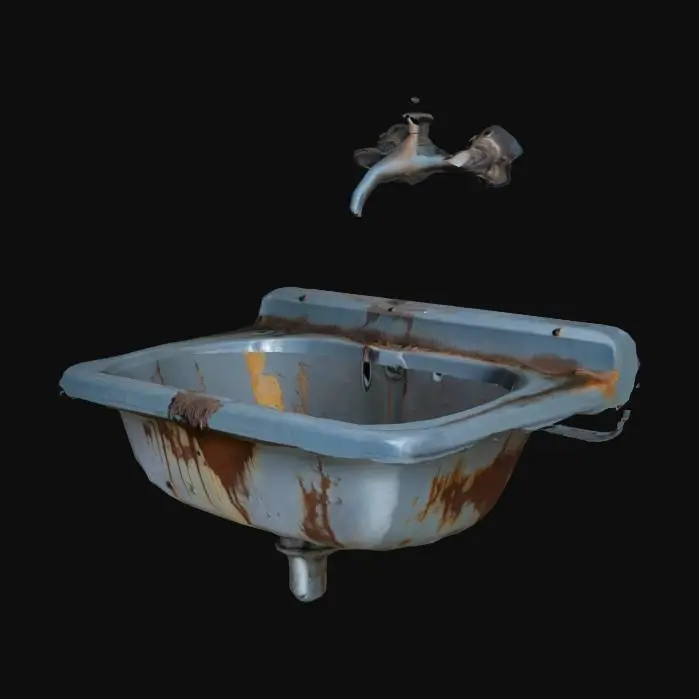3D model for Dirty metal sink mounted on cracked prison wall, rusty, horror vibe