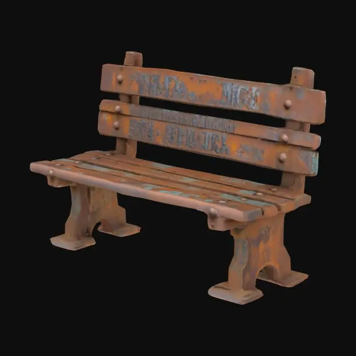 3D model for Rusty bench with loose bolts and engraved initials, prison cell block