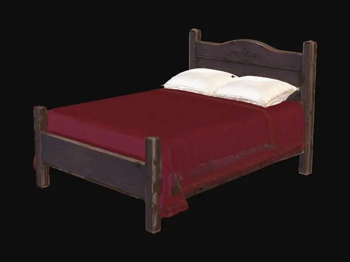 3D model for A medieval fantasy inn single bed, simple wooden frame made of rough oak, handcrafted and slightly uneven. No canopy. Thin mattress, one blanket and one or two pillows. Linen and wool fabrics, slightly wrinkled but clean. Earth tone colors such as brown, beige, muted red and faded green. Worn but maintained condition with small scratches and dents. Realistic European medieval tavern style, practical and not luxurious. Soft natural lighting, centered composition, no characters, no background, high detail, realistic textures, clear shape, suitable as reference for 3D modeling.
well maintained bedding, clean fabric, minimal stains
- No characters
- No background
- Centered object
