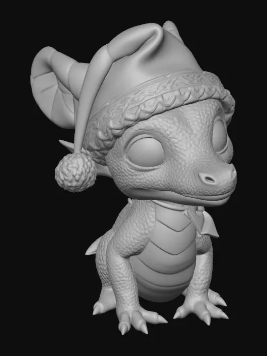3D model for Adorable baby dragon with big cute eyes wearing a Santa hat Christmas decoration. Dragon is sitting on a snow covered, cobblestone road. Pixar, cute style.