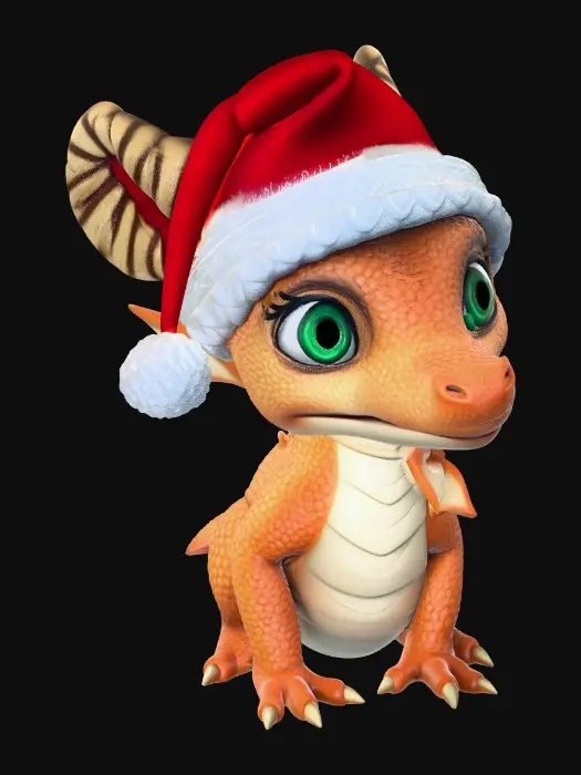 3D model for Adorable baby dragon with big cute eyes wearing a Santa hat Christmas decoration. Dragon is sitting on a snow covered, cobblestone road. Pixar, cute style.