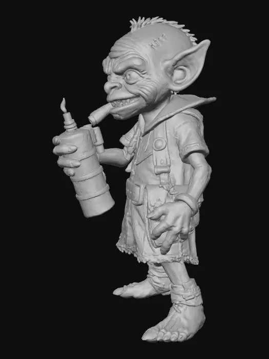 3D model for “Ultra-detailed collectible figure render of a mischievous goblin. Short, muscular, sinewy body covered with rough green skin, deep wrinkles and pronounced pores. Sharp ears, jagged teeth, one eye slightly squinting. A thick cigar (tompus) clenched between the teeth, with smoke curling upward. In his right hand he holds a large stick of dynamite with a burning fuse. Highly detailed clothing: leather straps, pouches, torn cloth, metal buckles with scratches. Hyper-realistic textures, dramatic lighting, studio render, 8K, extreme sharpness, premium collectible statue style, dynamic pose, detailed shadows, full-body shot.”
