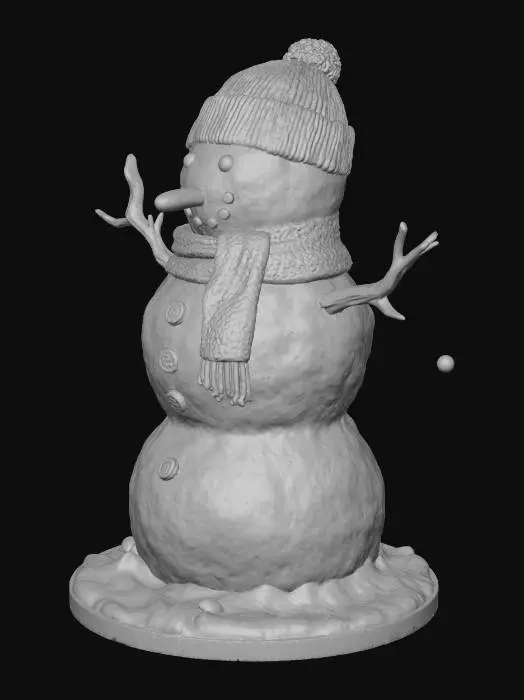 3D model for "Highly detailed collectible snowman figure, full body, sculpted style, sharp edges and clean shapes for 3D printing. Classic snowman with three snow spheres, carved facial details, coal eyes, carrot nose, wide smile made of coal pieces, detailed snowy texture on body. Worn scarf with fabric folds, buttons on chest, stick arms with natural wood grain. Add a winter hat with crisp sculpted creases. Base slightly snowy, all details elevated and well-defined. Ultra realistic surface details, strong silhouette, perfect for high-quality resin print."