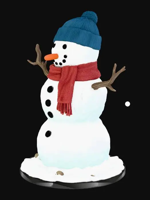 3D model for "Highly detailed collectible snowman figure, full body, sculpted style, sharp edges and clean shapes for 3D printing. Classic snowman with three snow spheres, carved facial details, coal eyes, carrot nose, wide smile made of coal pieces, detailed snowy texture on body. Worn scarf with fabric folds, buttons on chest, stick arms with natural wood grain. Add a winter hat with crisp sculpted creases. Base slightly snowy, all details elevated and well-defined. Ultra realistic surface details, strong silhouette, perfect for high-quality resin print."