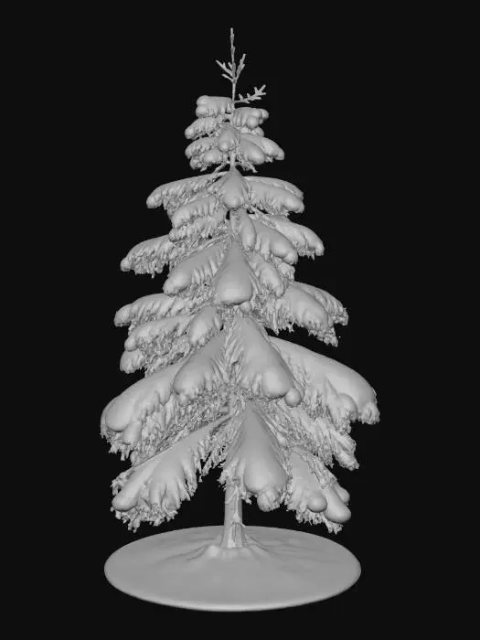 3D model for small realistic pine tree, natural miniature forest pine, drooping snow-weighted branches, soft needle clusters partially covered with fresh snow, detailed bark with organic cracks, slight curvature of the trunk, natural asymmetry, subtle snow buildup on branch tips and upper trunk, realistic root base emerging from lightly snow-covered ground, ultra-detailed 3D sculpt, clean printable geometry, crisp natural silhouette, high realism suitable for diorama scale, no background#Thanksgiving#