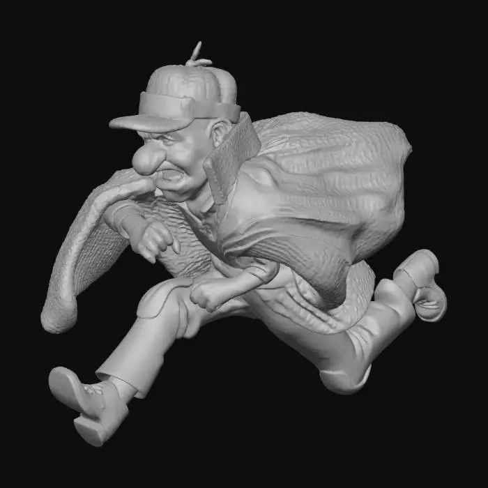 3D model for Prompt / Description:
A stylized 3D collectible figure of a cartoon detective running forward. Exaggerated long nose, mustache, and serious face. Wearing a checkered red detective coat and matching hat with short brim, dark pants, black shoes, and a blue-striped shirt. Cape and coat flowing backward to show motion. Dynamic running pose, mid-stride, one arm forward, one back. Soft studio lighting on a dark gradient background. Sharp edges, realistic fabric folds, high detail on textures. Photoreal collectible figure style, resin statue look, 3D sculpted finish.

Negative prompt:
blurry, low detail, extra limbs, text, watermark, flat shading, oversaturated, cartoon texture