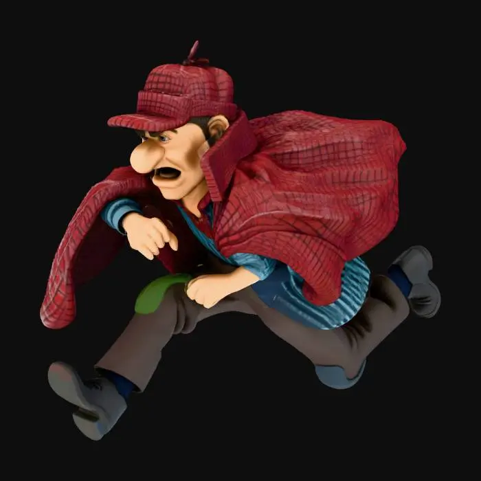 3D model for Prompt / Description:
A stylized 3D collectible figure of a cartoon detective running forward. Exaggerated long nose, mustache, and serious face. Wearing a checkered red detective coat and matching hat with short brim, dark pants, black shoes, and a blue-striped shirt. Cape and coat flowing backward to show motion. Dynamic running pose, mid-stride, one arm forward, one back. Soft studio lighting on a dark gradient background. Sharp edges, realistic fabric folds, high detail on textures. Photoreal collectible figure style, resin statue look, 3D sculpted finish.

Negative prompt:
blurry, low detail, extra limbs, text, watermark, flat shading, oversaturated, cartoon texture