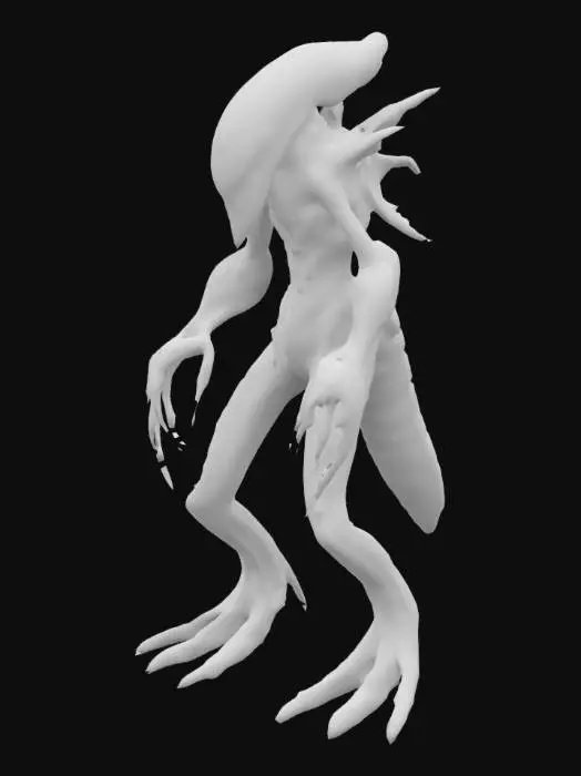 3D model for A towering, emaciated alien creature stands with slick, black skin, marked by glowing red veins pulsing like molten rivers. Its elongated head is featureless, with deep voids instead of eyes. Long, spindly limbs bend unnaturally, ending in sharp talons. It moves fluidly, gliding silently through darkness, blending into its surroundings. Capable of mimicry, it distorts its form to resemble the consumed, but its presence is always wrong—eerily predatory and unsettling in its unnatural appearance.