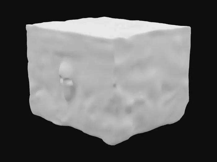 3D model for dark fantasy forest ruined stone wall fresco relief depicting a carving of a dark dystopian monument featuring   black stone adorned with tortured soul carvings and skull motifs. The central glows with bioluminescent green and red accents, illuminating Gothic verses. The stone appears cracked and pulsates faintly, exuding eerie green light, A carving of an aged skull of molten gold prominently in its center