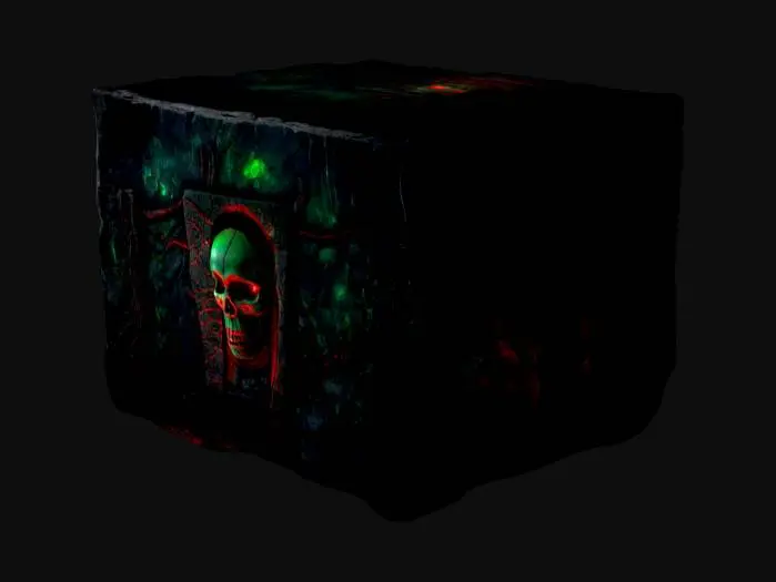 3D model for dark fantasy forest ruined stone wall fresco relief depicting a carving of a dark dystopian monument featuring   black stone adorned with tortured soul carvings and skull motifs. The central glows with bioluminescent green and red accents, illuminating Gothic verses. The stone appears cracked and pulsates faintly, exuding eerie green light, A carving of an aged skull of molten gold prominently in its center
