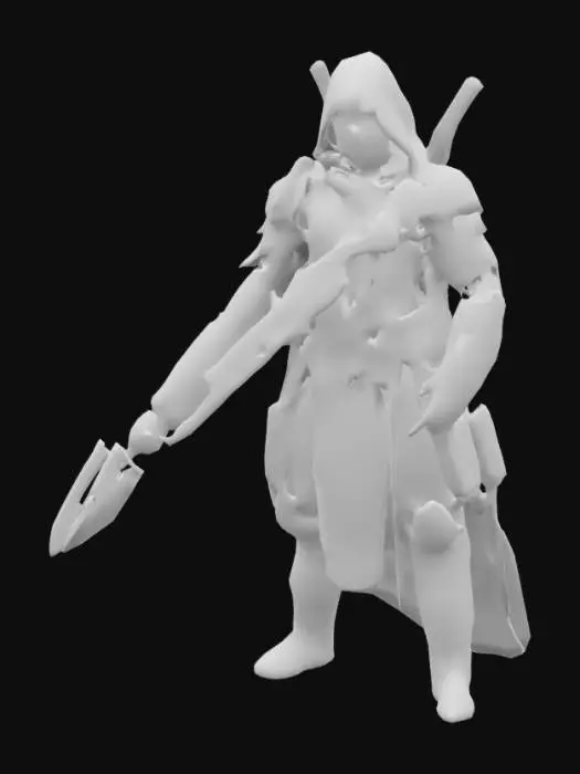 3D model for "A nimble and enigmatic rogue clad in a patchwork of leather armor and reinforced circuitry, blending stealth and technology seamlessly. Their face is obscured by a sleek mask with glowing crimson eyes, giving them a ghostly, predatory aura. Strapped to their back is a collapsible crossbow, intricately designed with brass and steel components, while an array of plasma-charged throwing knives are holstered at their side. 