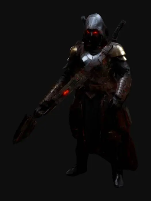 3D model for "A nimble and enigmatic rogue clad in a patchwork of leather armor and reinforced circuitry, blending stealth and technology seamlessly. Their face is obscured by a sleek mask with glowing crimson eyes, giving them a ghostly, predatory aura. Strapped to their back is a collapsible crossbow, intricately designed with brass and steel components, while an array of plasma-charged throwing knives are holstered at their side. 