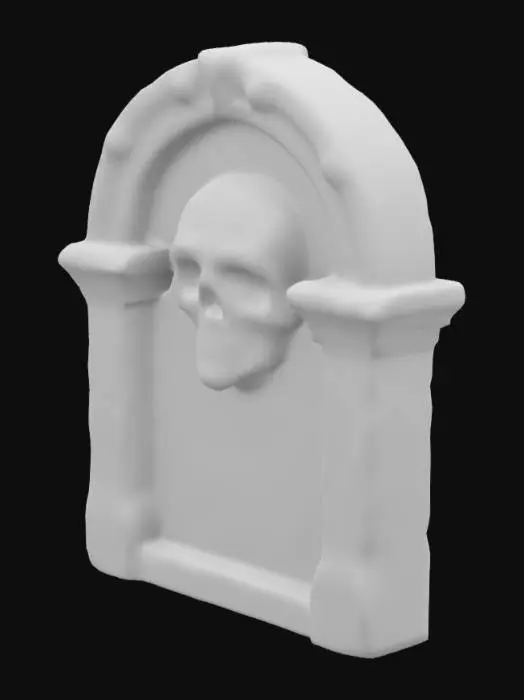 3D model for dark fantasy forest ruined stone wall fresco relief depicting a carving of a dark dystopian monument featuring   black stone adorned with tortured soul carvings and skull motifs. The central glows with bioluminescent green and red accents, illuminating Gothic verses. The stone appears cracked and pulsates faintly, exuding eerie green light, A carving of an aged skull of molten gold prominently in its center