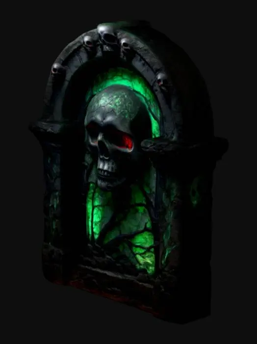 3D model for dark fantasy forest ruined stone wall fresco relief depicting a carving of a dark dystopian monument featuring   black stone adorned with tortured soul carvings and skull motifs. The central glows with bioluminescent green and red accents, illuminating Gothic verses. The stone appears cracked and pulsates faintly, exuding eerie green light, A carving of an aged skull of molten gold prominently in its center
