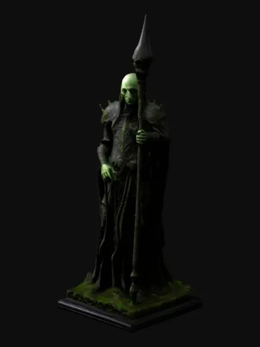 3D model for The object is a Da Vinci inspired dark fantasy Nosferatu Sentinel standing at attention, holding an intricate spear, of gothic and baroque design highly detailed sculpture, overgrown and mossy. Black and electric green accents emanating from its finely carved pedestal of ancient arcane design.