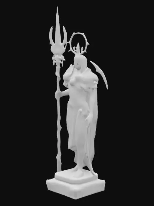 3D model for The object is a Da Vinci inspired dark fantasy Nosferatu Sentinel standing at attention, holding an intricate spear, of gothic and baroque design highly detailed sculpture, overgrown and mossy. Black and electric green accents emanating from its finely carved pedestal of ancient arcane design.