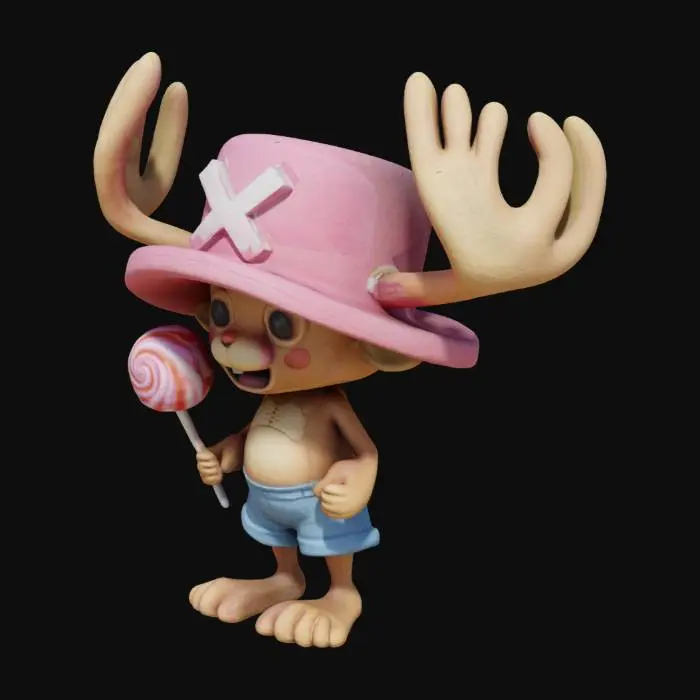 3D model for chopper from one piece with a big lollypop holding straight in the air with 2 hands funny like cartoon style. try to make the overhangs not more then 30 degrees ang difference. make it so its 3d printable with no supports