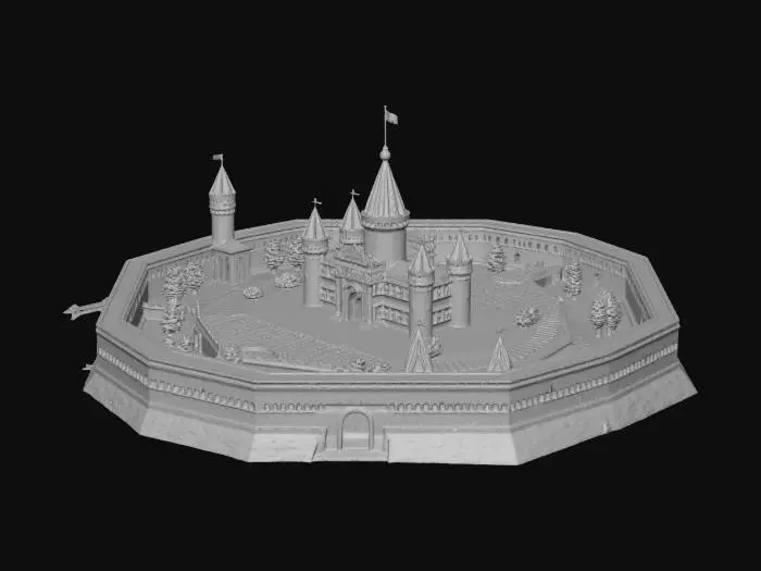 3D model for Create a medievil city with octagoanal stone boundry, archer towers on each joint, river on bottom left 2 sides only, gate on middle right side, land with tree on all other sides. castle in center of city and empty hex spaces around castle to build future buildings