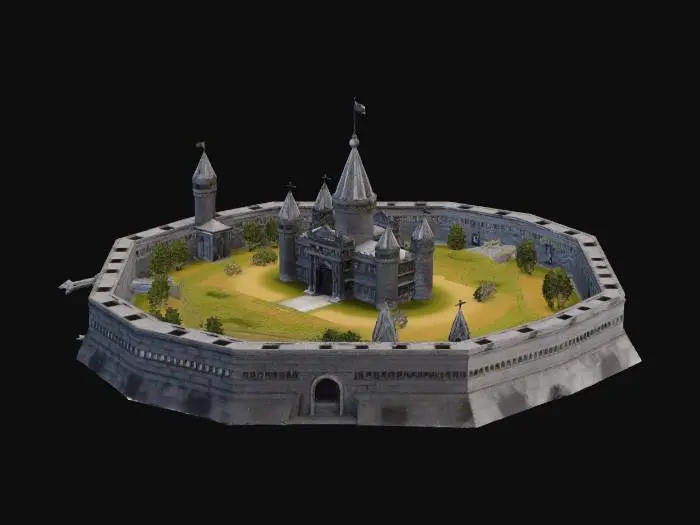 3D model for Create a medievil city with octagoanal stone boundry, archer towers on each joint, river on bottom left 2 sides only, gate on middle right side, land with tree on all other sides. castle in center of city and empty hex spaces around castle to build future buildings