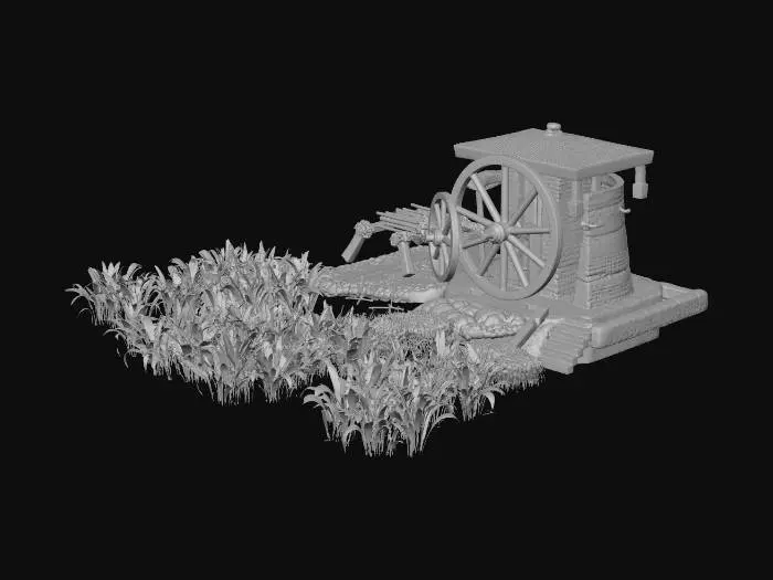 3D model for A fertile, square-shaped farm plot under a clear sky, brimming with lush, vibrant green corn crops standing tall. The field is meticulously laid out, with narrow earthen irrigation channels weaving through the rows. At one edge, a robust, primitive water wheel mill, constructed from rough-hewn logs and sturdy woven reeds, slowly turns, drawing water from a simple, stone-lined ditch and gently showering the crops. The ground is a rich, dark soil, damp and glistening from the recent irrigation, embodying early agricultural ingenuity.