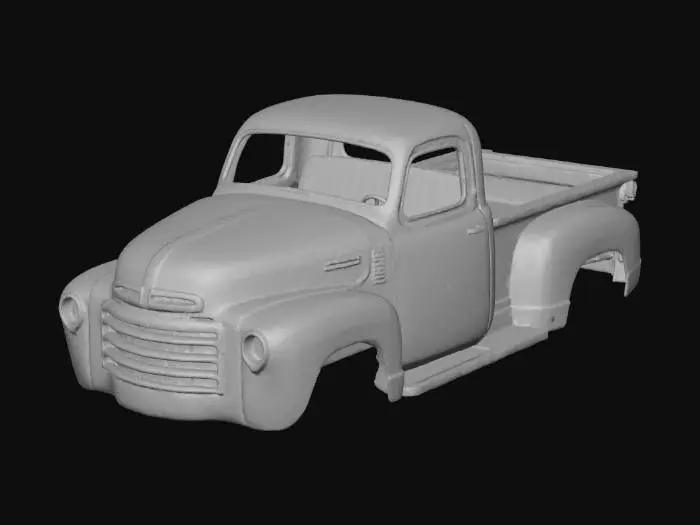 3D model for A vintage pickup truck body, robust and utilitarian in shape, featuring a distinct cab and cargo bed. Its steel surface is heavily weathered, showcasing widespread deep orange-brown rust that actively flakes. The original muted red paint is significantly chipped and faded, revealing the pitted, gritty metal underneath, creating a rough, uneven texture.