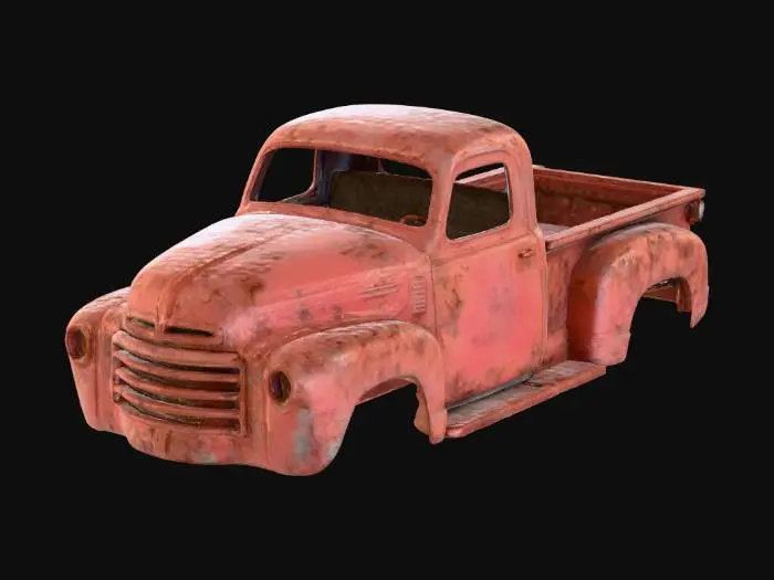 3D model for A vintage pickup truck body, robust and utilitarian in shape, featuring a distinct cab and cargo bed. Its steel surface is heavily weathered, showcasing widespread deep orange-brown rust that actively flakes. The original muted red paint is significantly chipped and faded, revealing the pitted, gritty metal underneath, creating a rough, uneven texture.