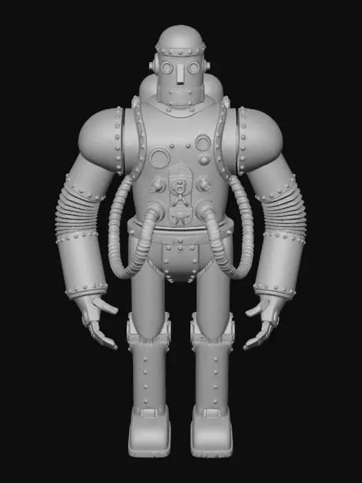 3D model for This antique robot is in good condition, with its distinctive detailed body and rounded arms. Old accordion pipes power it. It has details typical of the 1950s. The steel surface is quite worn and heavily flaked off with dark orange-brown rust. The original matte red paint has peeled and worn away considerably, revealing the pitted, rough metal underneath and creating a coarse and uneven texture.
