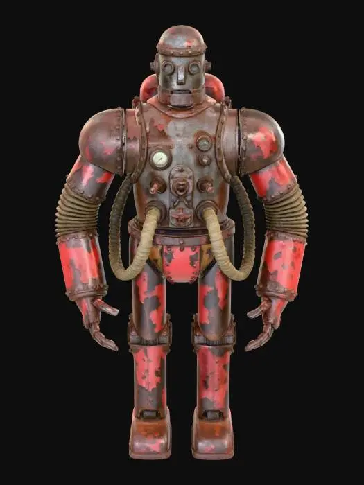 3D model for This antique robot is in good condition, with its distinctive detailed body and rounded arms. Old accordion pipes power it. It has details typical of the 1950s. The steel surface is quite worn and heavily flaked off with dark orange-brown rust. The original matte red paint has peeled and worn away considerably, revealing the pitted, rough metal underneath and creating a coarse and uneven texture.