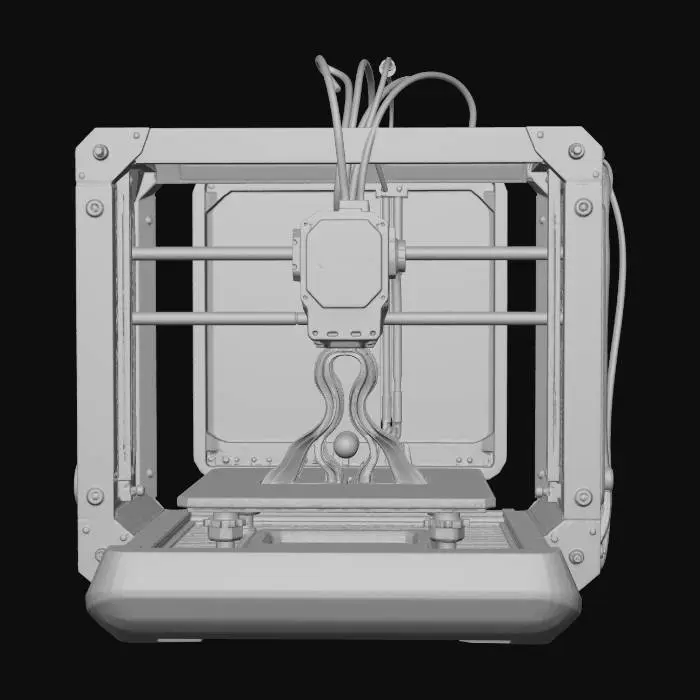 3D model for A sentient 3D printer with a sleek, metallic chassis and vibrant, pulsating circuit patterns. Its extruder head glows with soft blue light, acting as a watchful "eye," while cables intricately weave and subtly shift, appearing almost vein-like. The structure is primarily brushed aluminum and matte plastic, but intricate bio-mechanical textures emerge, hinting at its awakened AI brain and a subtly warm, living core.