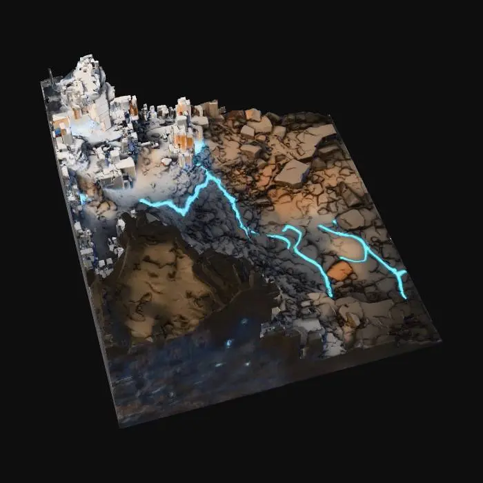 3D model for Buatkan 3D untuk Bacgkround Latar seperti digambar dengan nuansa bebatuan yang detail seperti gambar dan ada aliran aura warna biru seperti digambar