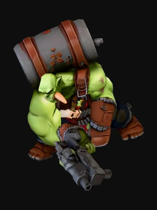 3D model for Modelo 3D de un Orko de Warhammer 40k: Un alienígena humanoide musculoso de piel verde, con grandes colmillos y cicatrices. Viste un chaleco militar improvisado sobre pantalones oscuros. Lleva una mochila pesada con un tanque y tuberías rojas. Sujeta un gran rifle tosco (Shoota) con detalles en rojo y una calavera blanca. Múltiples accesorios de chatarra, cuchillos y granadas están sujetos a su cuerpo. Postura de combate/acción.