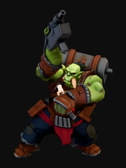 3D model for Modelo 3D de un Orko de Warhammer 40k: Un alienígena humanoide musculoso de piel verde, con grandes colmillos y cicatrices. Viste un chaleco militar improvisado sobre pantalones oscuros. Lleva una mochila pesada con un tanque y tuberías rojas. Sujeta un gran rifle tosco (Shoota) con detalles en rojo y una calavera blanca. Múltiples accesorios de chatarra, cuchillos y granadas están sujetos a su cuerpo. Postura de combate/acción.