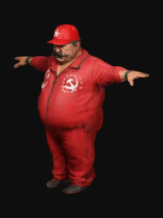 3D model for Kleber é um mexicano de meia idade, baixinho, acima do peso, dono de um bigode comicamente grosso. Seu visual é marcante: um macacão vermelho e um boné estampado com a foice e o martelo. modelo 3d realista e detalhado como os modelos de cyberpunk 2077, T-pose