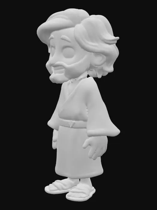 3D model for "Jesús, un personaje 3D en estilo cartoon infantil, amigable y cálido para un canal cristiano familiar. Cabeza grande, ojos grandes y expresivos, sonrisa suave, barba corta estilizada, cabello largo ondulado marrón oscuro con reflejos. Túnica blanca cremosa con bordes dorados o azules, cinturón marrón, sandalias simples. Paleta de colores cálidos: piel oliva clara, ropa en beige, blanco, azul suave. Estilo inspirado en VeggieTales o Toy Story