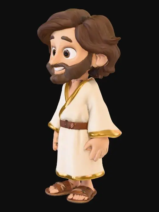 3D model for "Jesús, un personaje 3D en estilo cartoon infantil, amigable y cálido para un canal cristiano familiar. Cabeza grande, ojos grandes y expresivos, sonrisa suave, barba corta estilizada, cabello largo ondulado marrón oscuro con reflejos. Túnica blanca cremosa con bordes dorados o azules, cinturón marrón, sandalias simples. Paleta de colores cálidos: piel oliva clara, ropa en beige, blanco, azul suave. Estilo inspirado en VeggieTales o Toy Story
