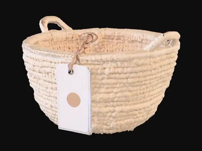 3D model for Base Mesh: Oval/cylinder soft basket with woven texture.

Accessory: Hanging tag (rectangular card with ghost graphic + text).