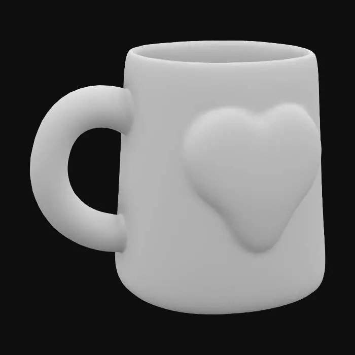 3D model for A 3D cartoon-style mug with a round handle, featuring pastel colors and a smooth glossy surface. The mug is decorated with a simple embossed heart on one side, with no extra elements.
