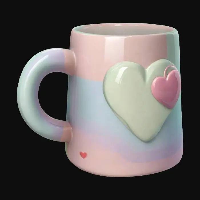 3D model for A 3D cartoon-style mug with a round handle, featuring pastel colors and a smooth glossy surface. The mug is decorated with a simple embossed heart on one side, with no extra elements.