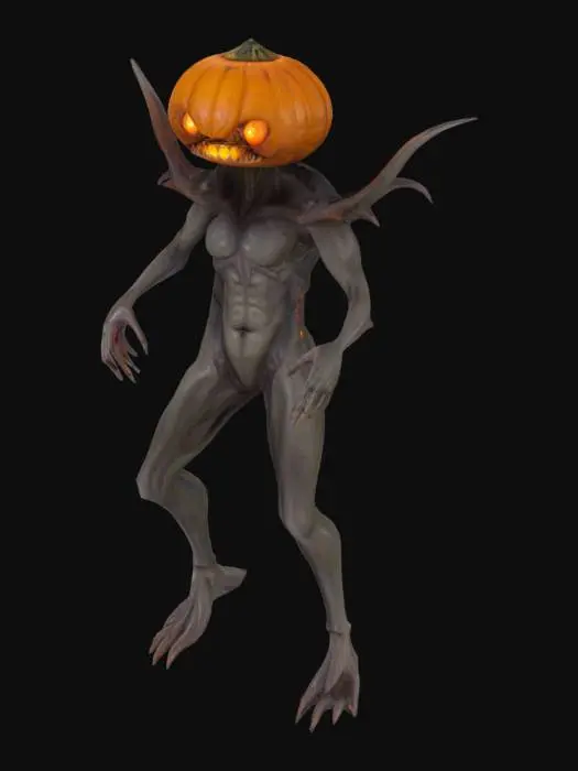 3D model for A highly detailed 3D model render of a monstrous alien creature with a grotesque, pumpkin-shaped head, glowing sinister orange eyes, and writhing tentacle-like appendages where its mouth should be. The creature has a sinewy, biomechanical body with sharp claws, elongated limbs, and digitigrade legs, textured with a mix of organic, bark-like surfaces and industrial, alien tubing. It stands in a T-pose against a neutral, gradient dark background for clear visibility of the model's anatomy and textures. The render features high-detail, realistic lighting and dramatic subsurface scattering effects in the creature’s semi-translucent flesh, evoking a fusion of cosmic horror and sci-fi aesthetics similar to Alien: Isolation. No environment props — focus solely on the character model.