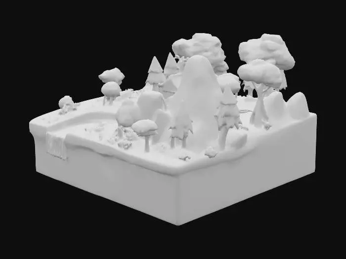 3D model for Low poly procedural terrain restricted to 256x256 pixels in width. Add lush trees, but lowpoly leaves and some lowpoly hills with a river, surrounded by lowpoly grass